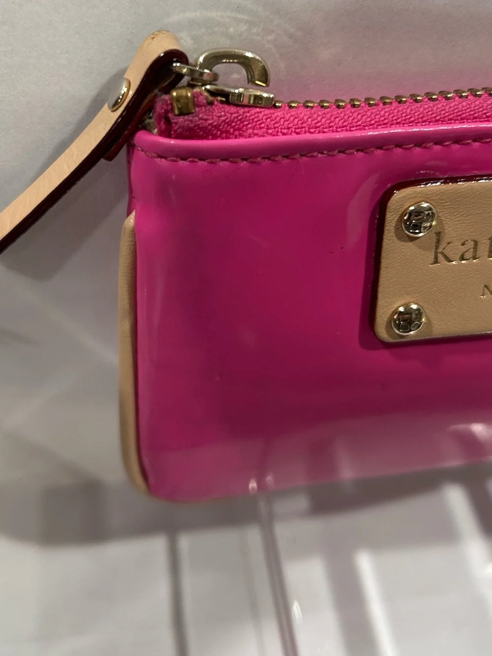 Kate Spade Hot Pink Pouch with Beige Logo Plaque